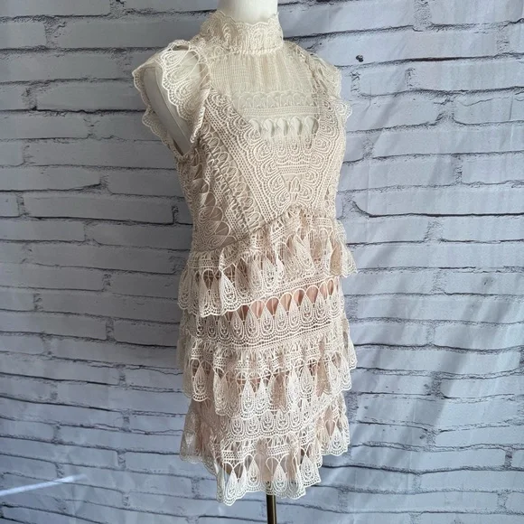 AQUA NWT Lace Tiered Mini Dress Size L Canvas Cottagecore Prairie Victorian Boho - Picture 2 of 16